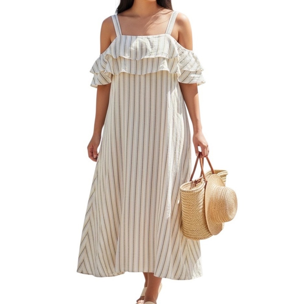 Ashley Stewart Linen Cotton Fairy Ruffle Midi Dress Cottagecore 18W Beachy Flowy